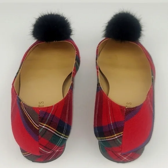 Talbots Edison Tartan Plaid Faux Fur Pom Pom Flats 8.5 - Picture 7 of 15
